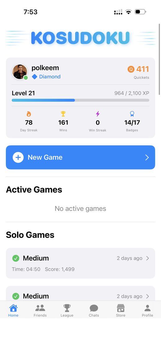 Home screen showing active and solo games