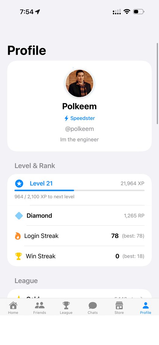 Player profile with stats and rank